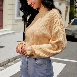 ZAFUL Women's New Beige XL Short Turtleneck Lantern Sleeve Ribbed Knit Sweater